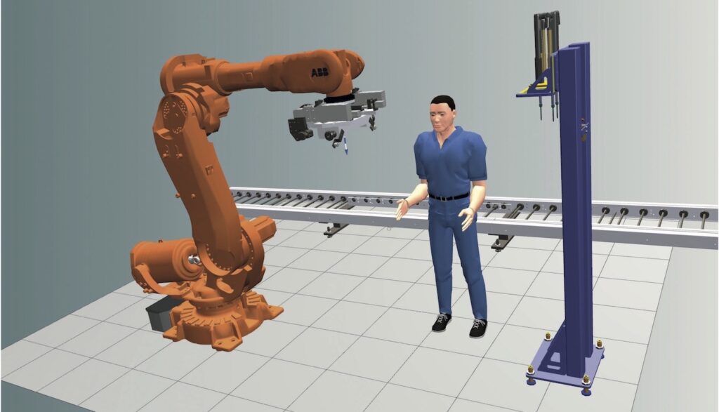 CAD-Modell der cyber-physischen Arbeitsumgebung bei der Mensch-Roboter-Kollaboration in einem halbautomatischen Montageprozess